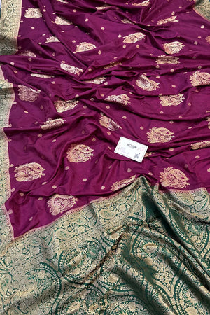 Purple and Bottle Green Golden Zari Katan Silk Banarasi Saree