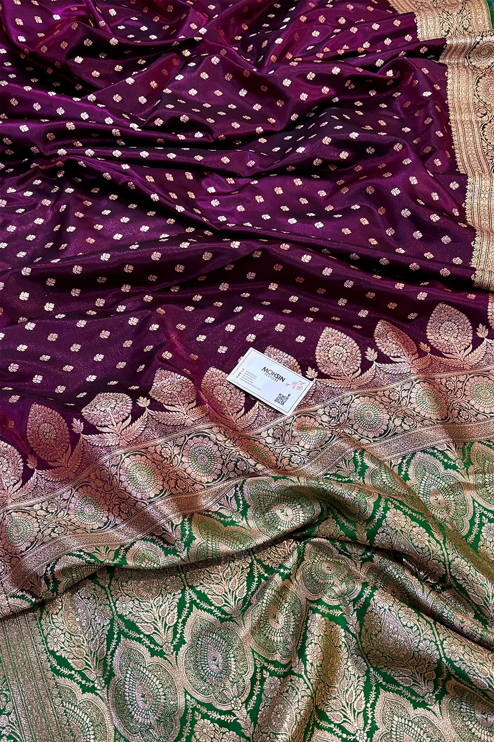 Purple and Green Makkhi Buti Satin Silk Banarasi Saree