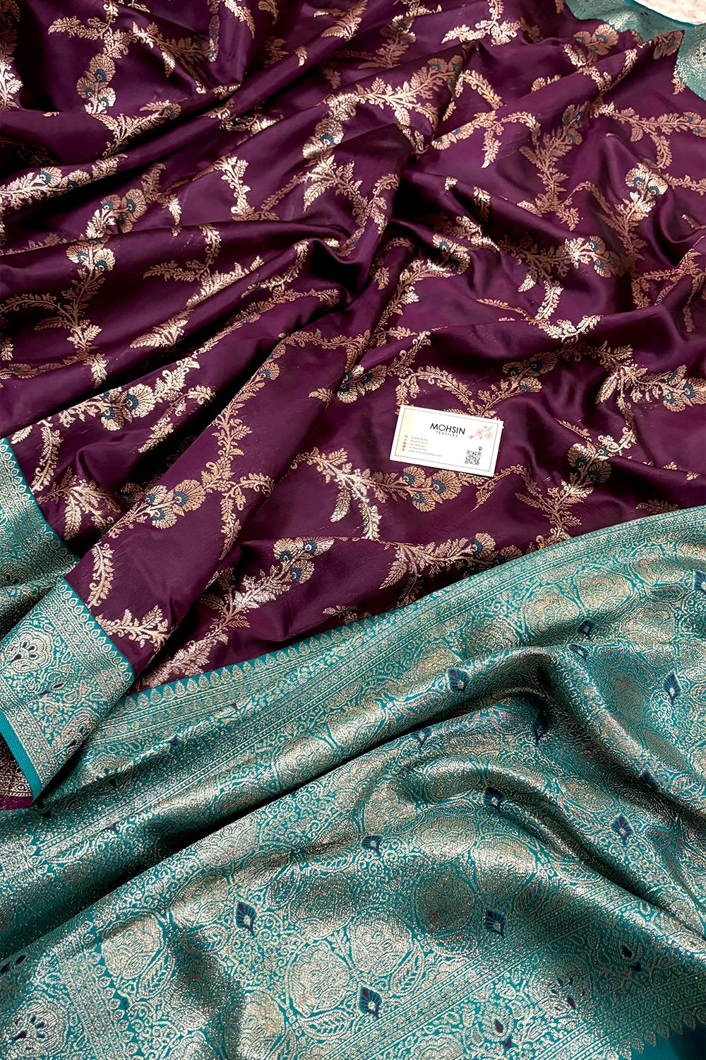 Purple and Teal Zari Silk Banarasi Saree