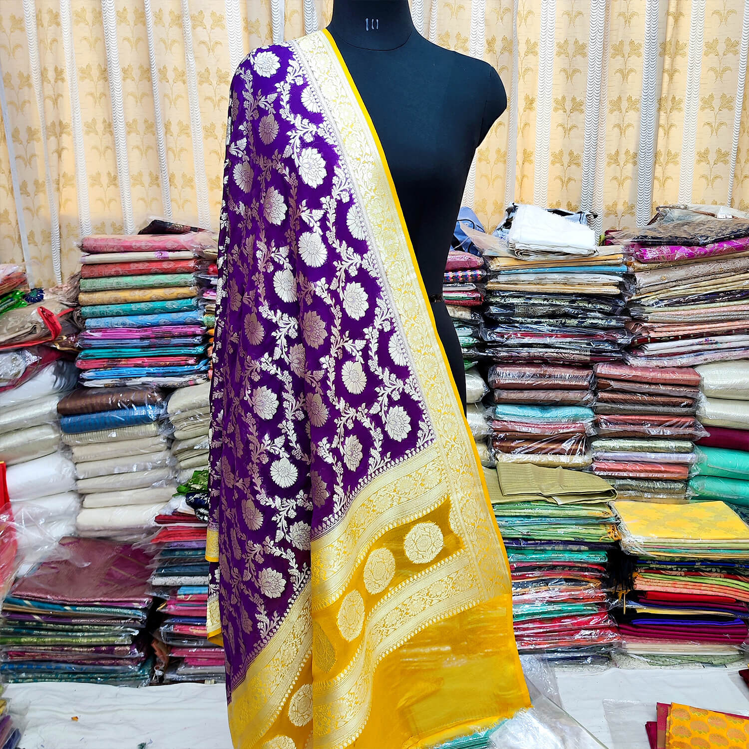 Purple and Yellow Handloom Pure Georgette Silk Banarasi Dupatta