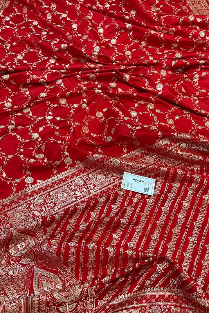 Red Albeli Jaal Katan Silk Banarasi Saree