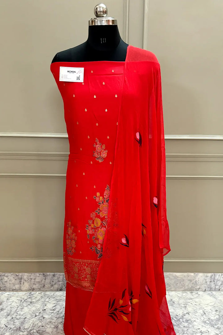 Red Golden Zari Dola Silk Salwar Suit