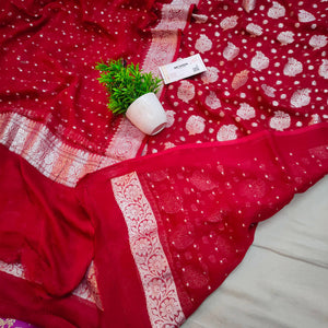 Red Handloom Pure Khaddi Georgette Banarasi Suit