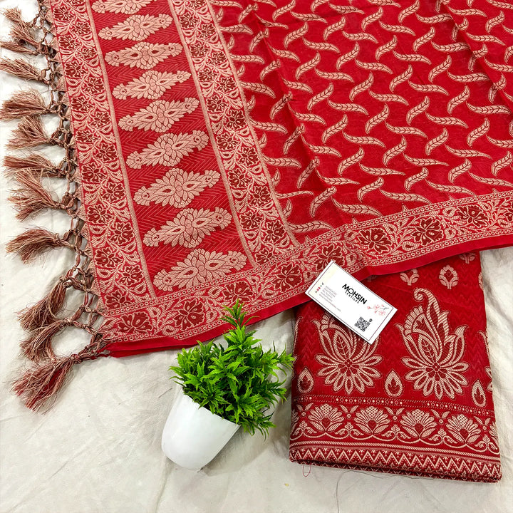 Red Jwala Buti Cotton Silk Banarasi Suit