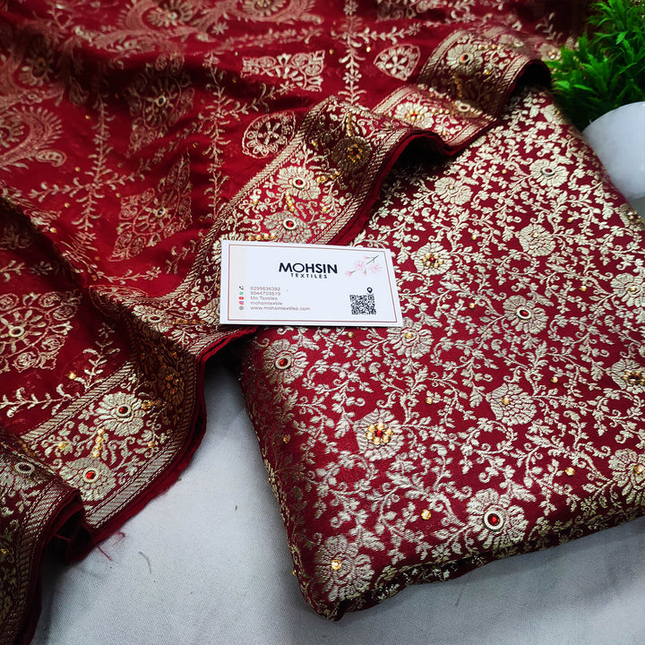 Red Stone Work Kimkhab Silk Banarasi Gharara