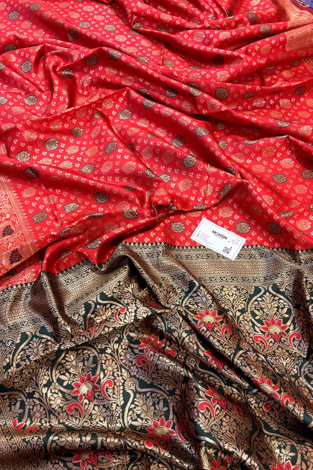 Red and Bottle Green Silky Banarasi Saree