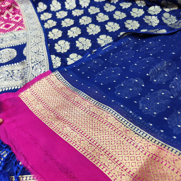 Royal Blue and Pink Handloom Georgette Silk Banarasi Suit