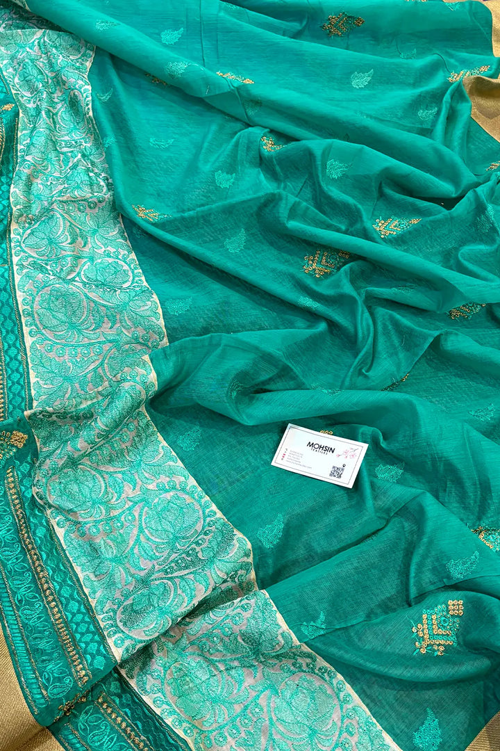 Sea Green Embroidery Silky Banarasi Saree