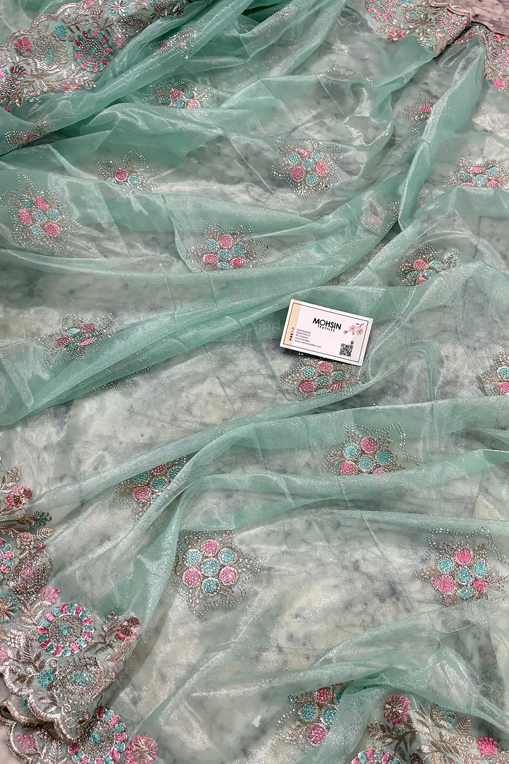 Sea Green Embroidery Siroski Brasso Net Saree