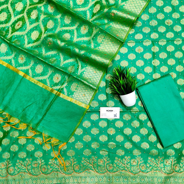 Sea Green Golden Zari Stone Work Banarasi Silk Suit