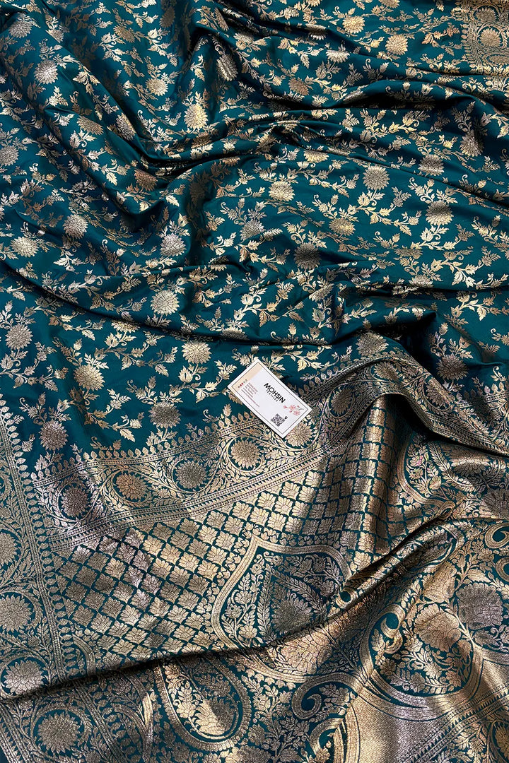 Teal Golden Zari Satin Silk Banarasi Saree