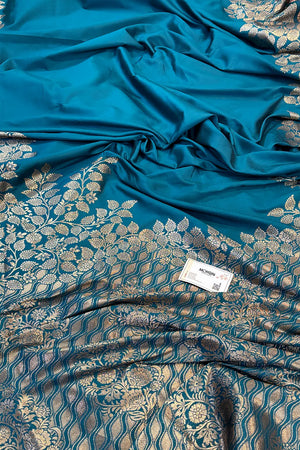 Teal Golden Zari Satin Silk Banarasi Saree