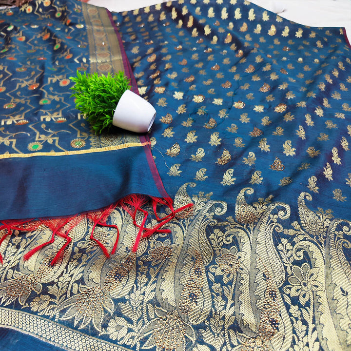 Teal Golden Zari Siroski Work Banarasi Silk Suit