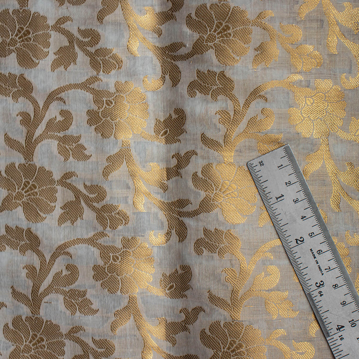 White Golden Zari Banarasi Musrize Silk Fabric