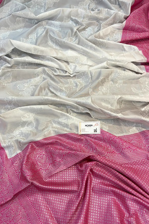 White and Pink Resham Zari Silky Banarasi Saree