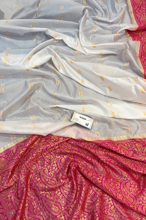 White and Pink Resham Zari Silky Banarasi Saree