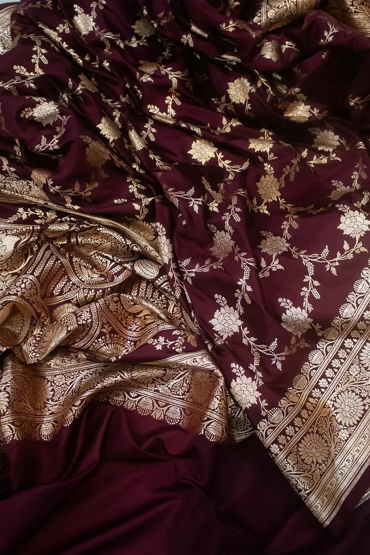 Wine Akbari Jaal Katan Silk Banarasi Saree