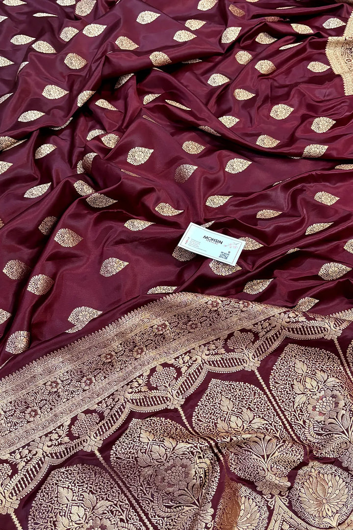 Wine Badami Buta Katan Silk Banarasi Saree