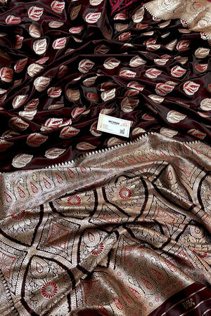 Wine Golden Zari Katan Silk Banarasi Saree