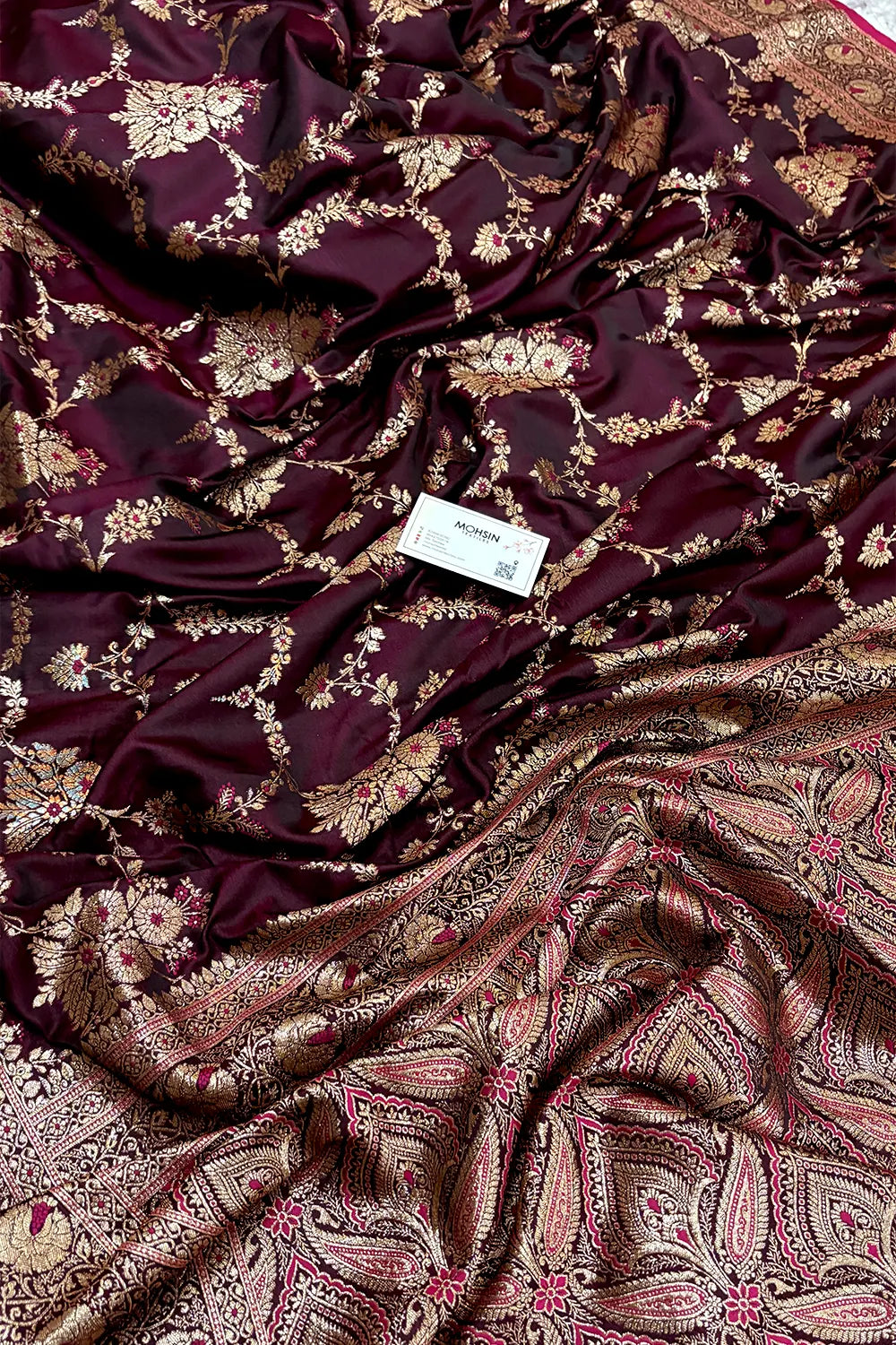 Wine Golden Zari Katan Silk Banarasi Saree