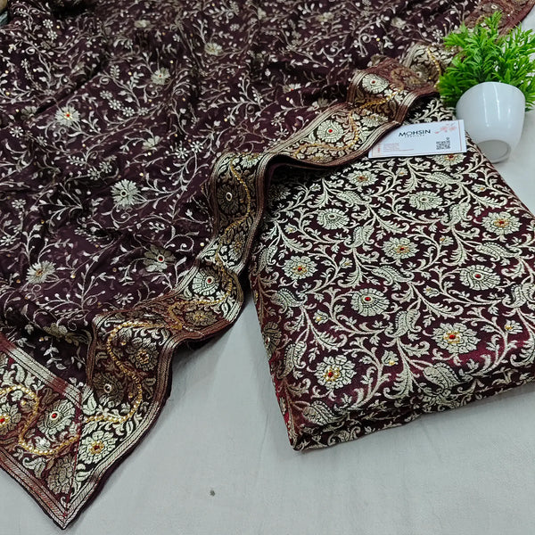 Wine Stone Work Kimkhab Silk Banarasi Gharara