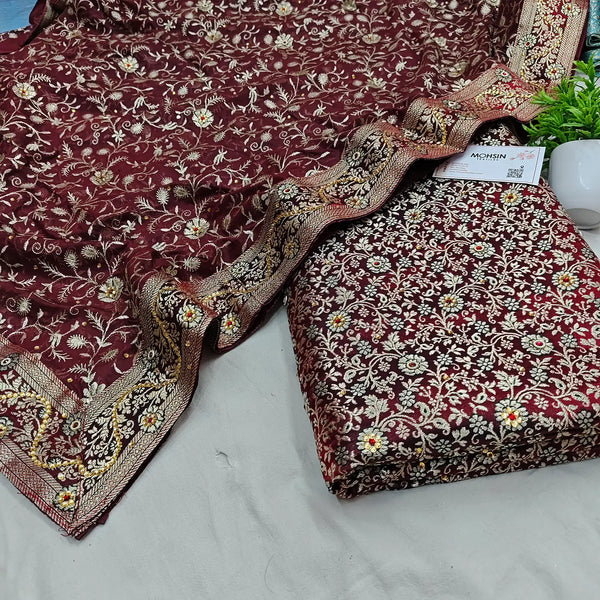 Wine Stone Work Kimkhab Silk Banarasi Gharara