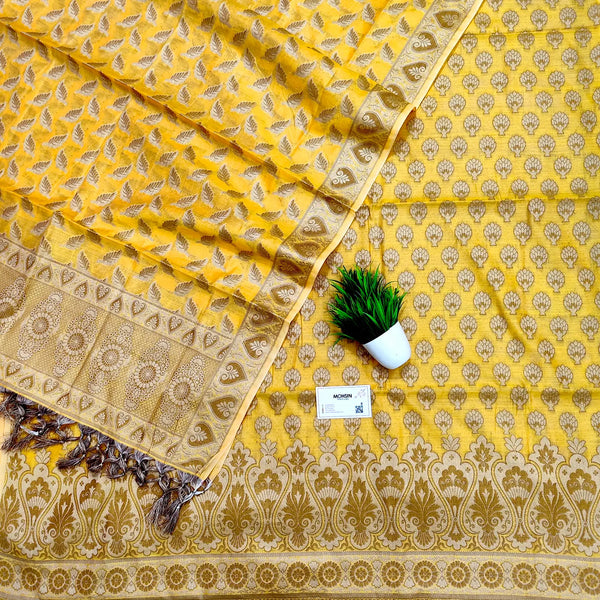Yellow Kalash Tree Cotton Silk Banarasi Suit