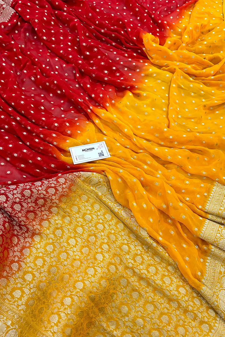 Yellow and Red Matar Dana Georgette Silk Banarasi Saree