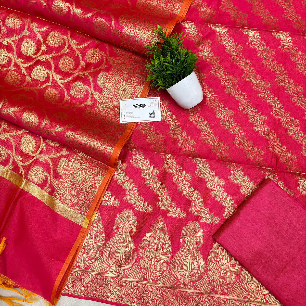 Hot Pink Golden Zari Banarasi Silk Suit