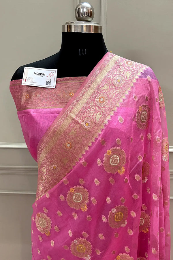 Baby Pink Golden Zari Organza Silk Banarasi Saree