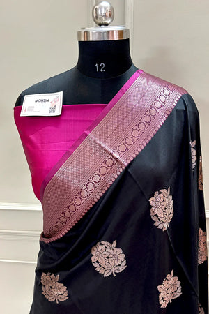 Black and Pink Golden Zari Banarasi Silk Saree