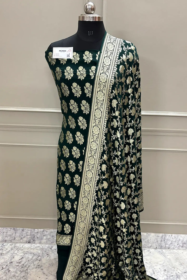 Bottle Green Guldasta Pure Georgette Silk Banarasi Suit