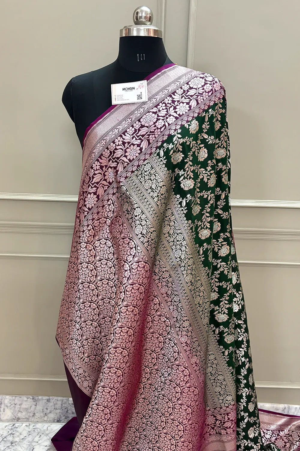 Bottle Green and Purple Maharani Jaal Crepe Silk Banarasi Saree