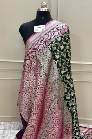 Bottle Green and Purple Maharani Jaal Crepe Silk Banarasi Saree