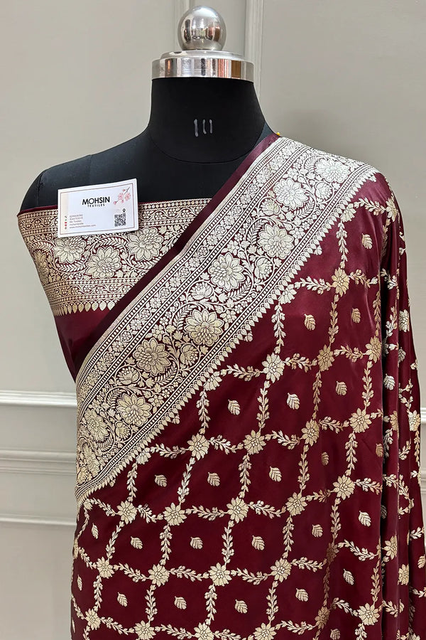 Dark Maroon Qaidi Buti Katan Silk Banarasi Saree