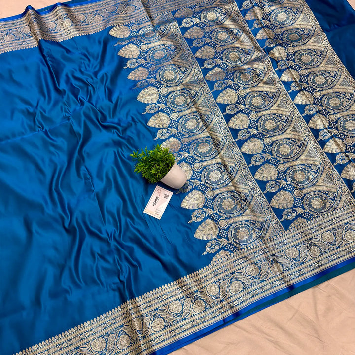 Firozi Plain Golden Zari Katan Silk Banarasi Saree