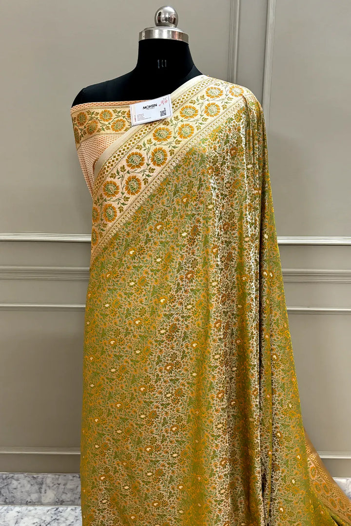 Light Peach and Pista Jungli Jaal Katan Silk Banarasi Saree