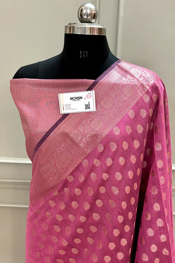 Pink - Handloom Zari Buti Pure Chanderi Silk Fabric 02