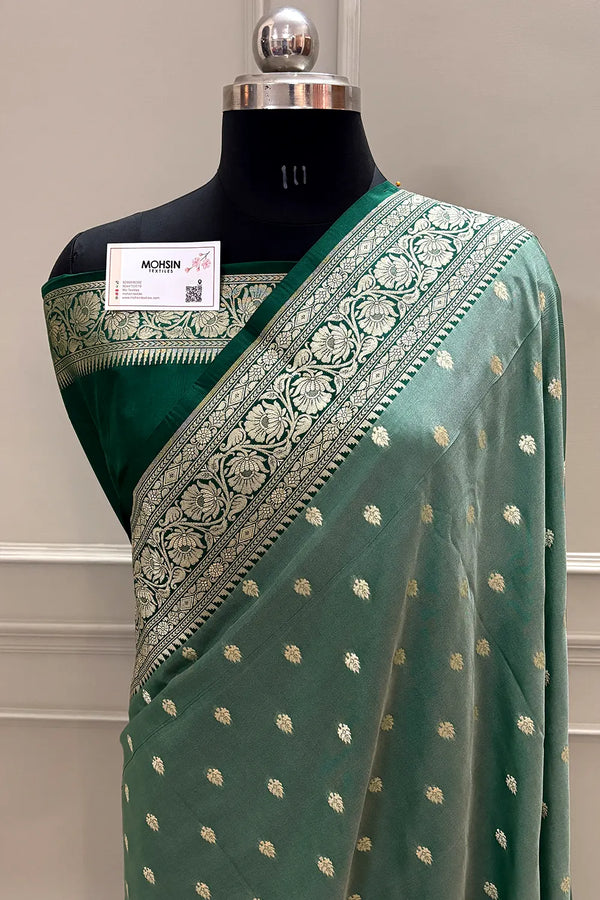 Mint and Bottle Green Rudraksha Buti Katan Silk Banarasi Saree