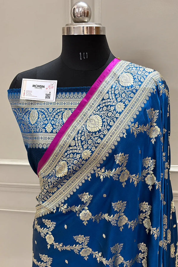 Peacock Blue Papakipari Katan Silk Banarasi Saree