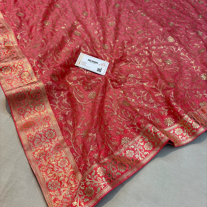 Peach Golden Zari Kimkhab Silk Banarasi Gharara