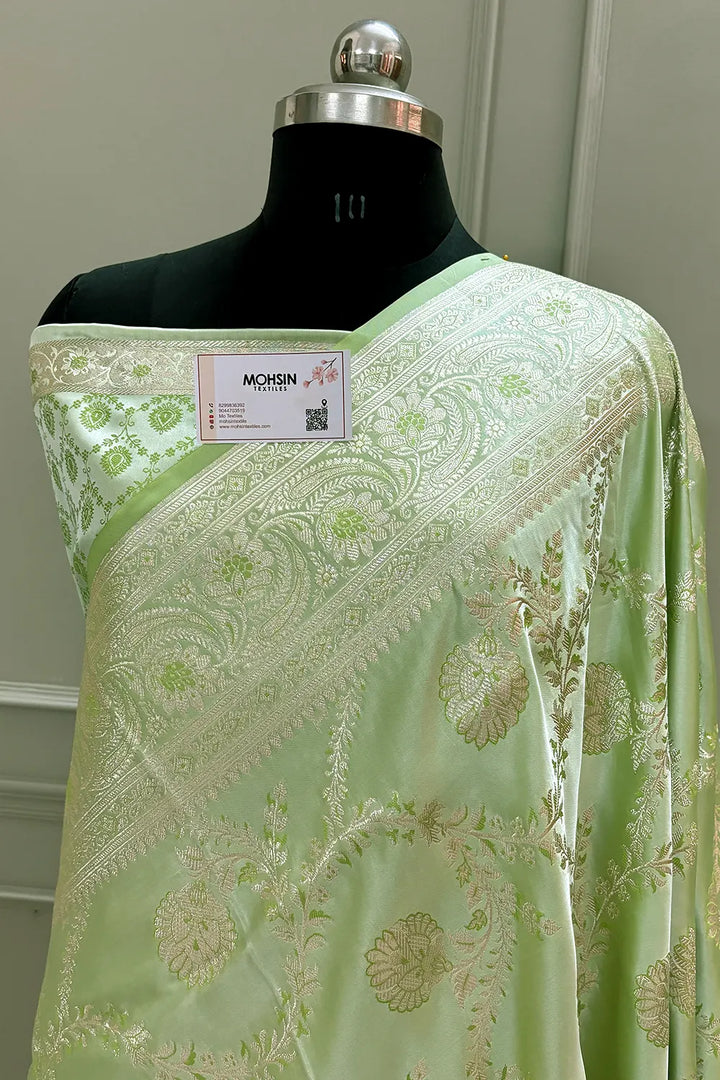 Pista Masuri Jaal Katan Silk Banarasi Saree