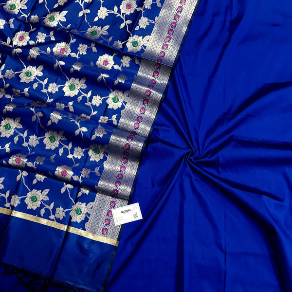 Royal Blue Plain Banarasi Silk Suit With Satin Meena Dupatta