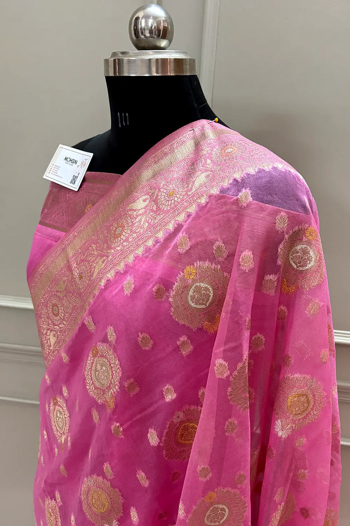 Baby Pink Golden Zari Organza Silk Banarasi Saree