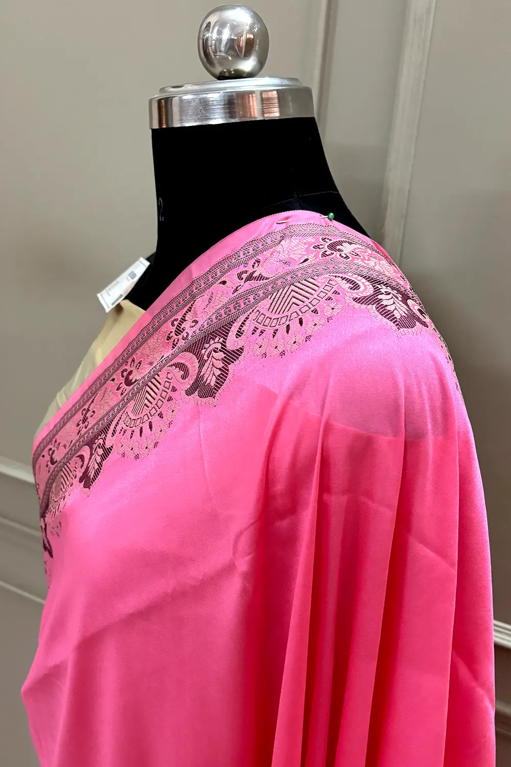 Baby Pink and Beige Plain Resham Silk Banarasi Saree