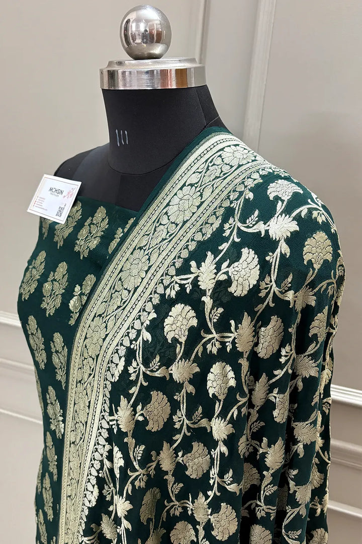 Bottle Green Guldasta Pure Georgette Silk Banarasi Suit