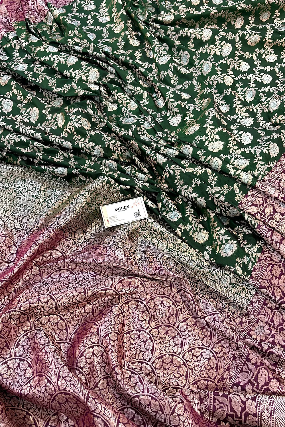 Bottle Green and Purple Maharani Jaal Crepe Silk Banarasi Saree