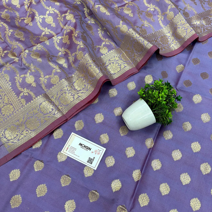 Lavender Kiyari Buti Satin Silk Banarasi Suit