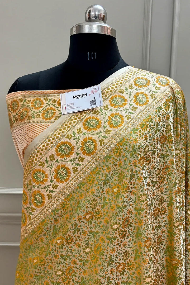 Light Peach and Pista Jungli Jaal Katan Silk Banarasi Saree