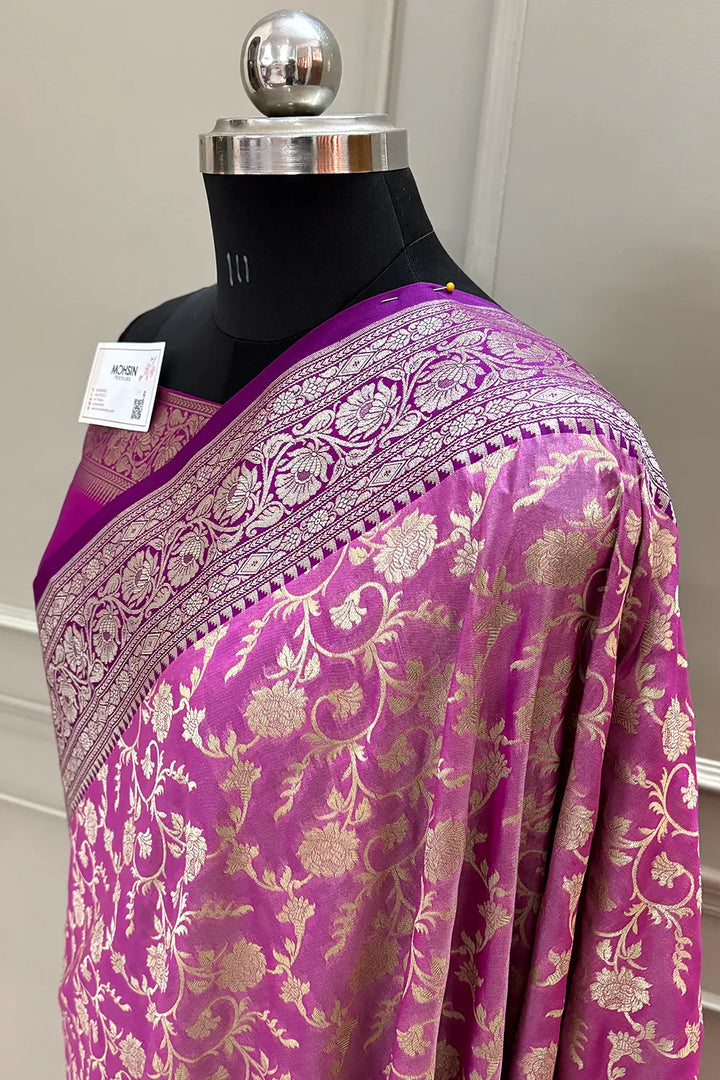 Magenta and Pink Gulabi Jaal Katan Silk Banarasi Saree